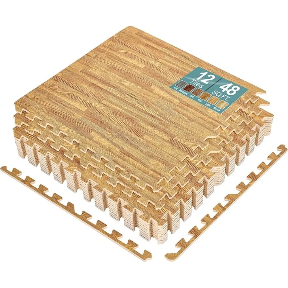 12 Tiles (48 Sq Ft) Wood Grain Floor Tiles Foam Mat, 3/8-Inch Thick Flooring Wood Puzzle Exercise Mats W/Borders, Tiles Foam Mat