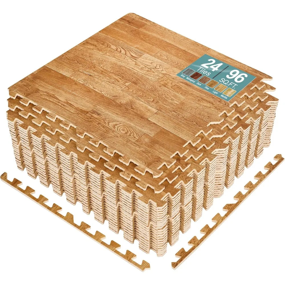 12 Tiles (48 Sq Ft) Wood Grain Floor Tiles Foam Mat, 3/8-Inch Thick Flooring Wood Puzzle Exercise Mats W/Borders, Tiles Foam Mat