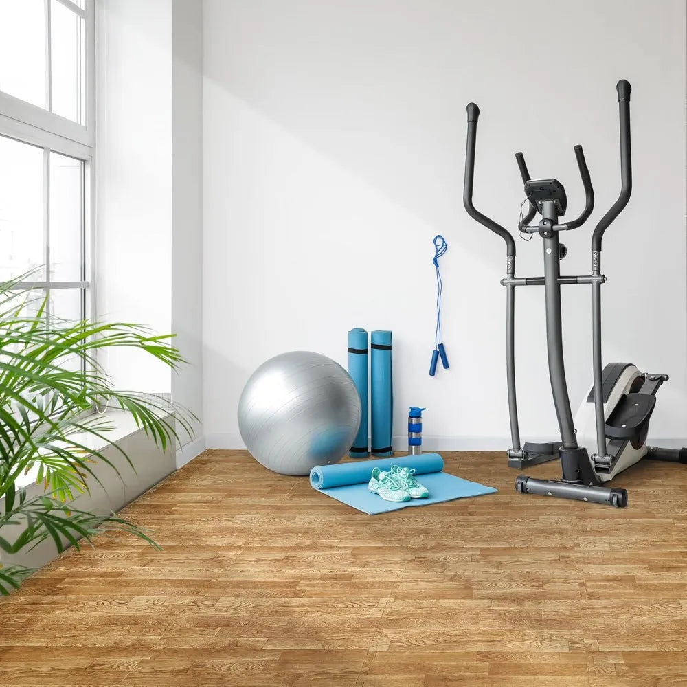 12 Tiles (48 Sq Ft) Wood Grain Floor Tiles Foam Mat, 3/8-Inch Thick Flooring Wood Puzzle Exercise Mats W/Borders, Tiles Foam Mat