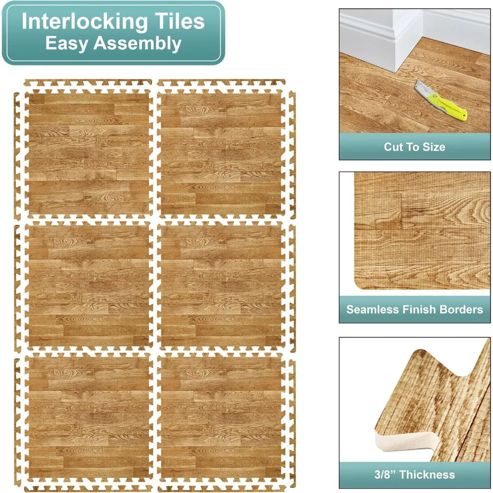 12 Tiles (48 Sq Ft) Wood Grain Floor Tiles Foam Mat, 3/8-Inch Thick Flooring Wood Puzzle Exercise Mats W/Borders, Tiles Foam Mat