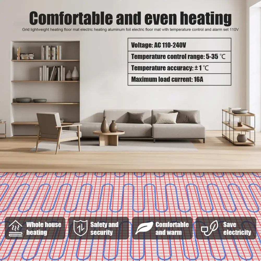 Grid Lightweight Heating Floor Mat Electric Heating Aluminum Foil Electric Floor Mat With Temperature Control And Alarm Set 110V