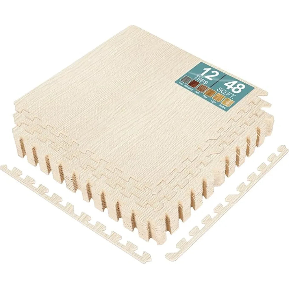 12 Tiles (48 Sq Ft) Wood Grain Floor Tiles Foam Mat, 3/8-Inch Thick Flooring Wood Puzzle Exercise Mats W/Borders, Tiles Foam Mat