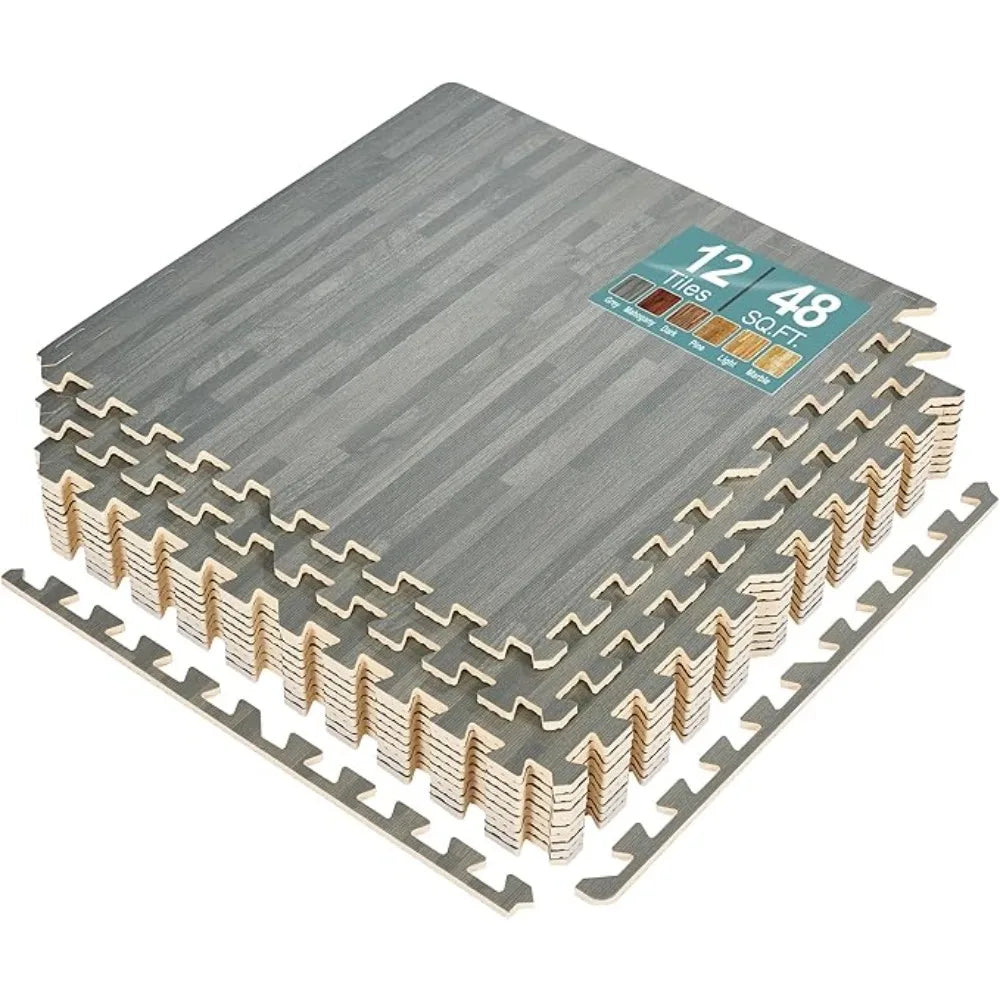 12 Tiles (48 Sq Ft) Wood Grain Floor Tiles Foam Mat, 3/8-Inch Thick Flooring Wood Puzzle Exercise Mats W/Borders, Tiles Foam Mat