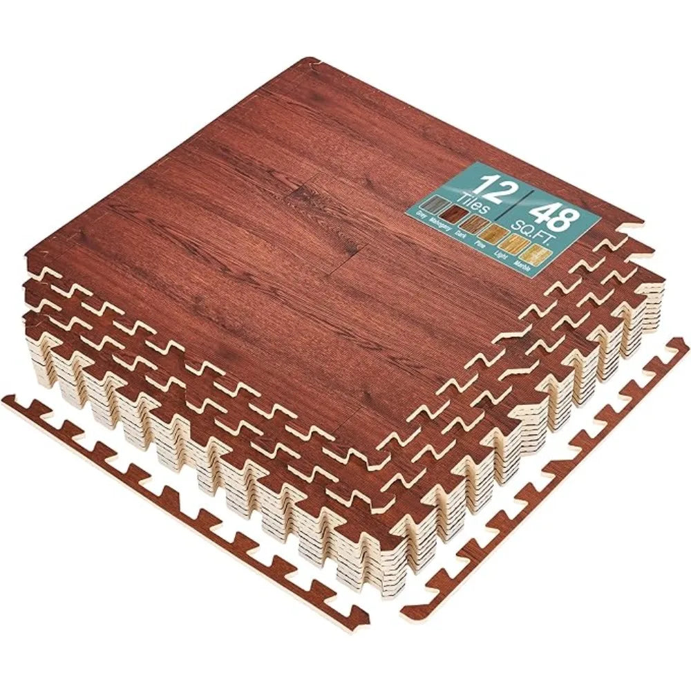 12 Tiles (48 Sq Ft) Wood Grain Floor Tiles Foam Mat, 3/8-Inch Thick Flooring Wood Puzzle Exercise Mats W/Borders, Tiles Foam Mat